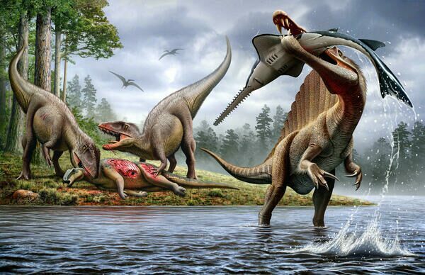 A Spinosaurus hunting an Onchopristis while two Carcharodontosaurus feed.